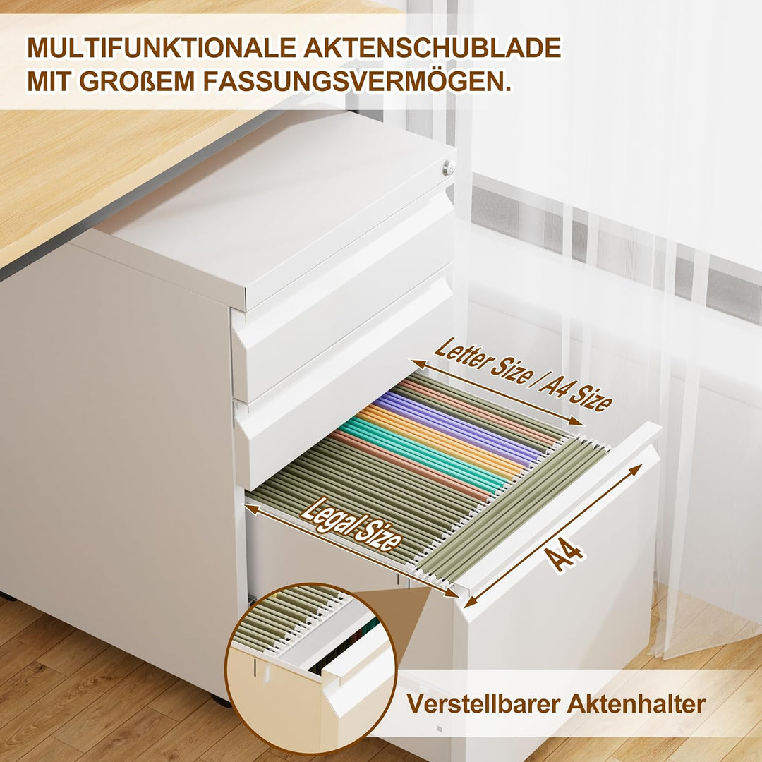 Rollcontainer, Aktenschrank Abschliessbar mit 4 Schlüsseln, Aktenschrank unter Schreibtisch, mit 3 S