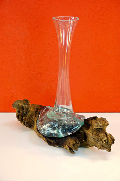 Geschmolzenes Glas auf Wurzelholz - Glasschale auf Wurzel - Teak Holz mit Glasvase oder Schale (Vase