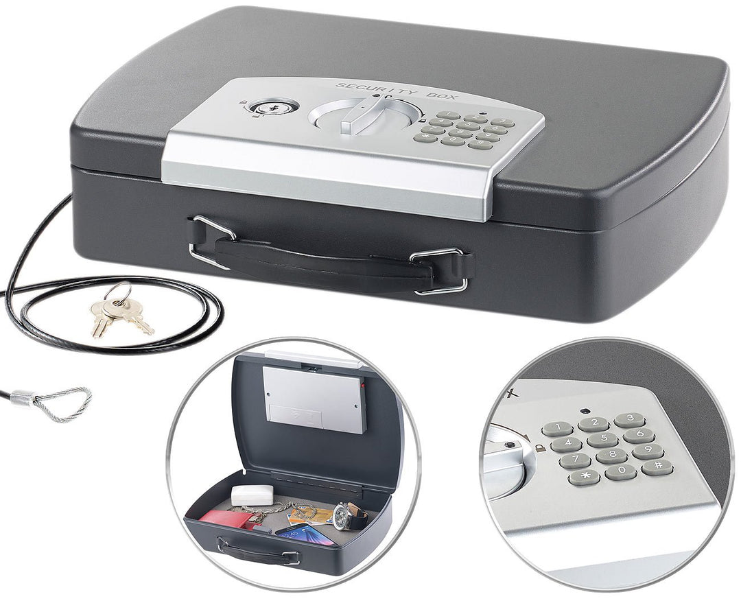 Xcase Geldkassette: Geld- &amp; Dokumentenkassette, Stahl, Elektronik-Schloss, A4, Stahlkabel (Geldkaset