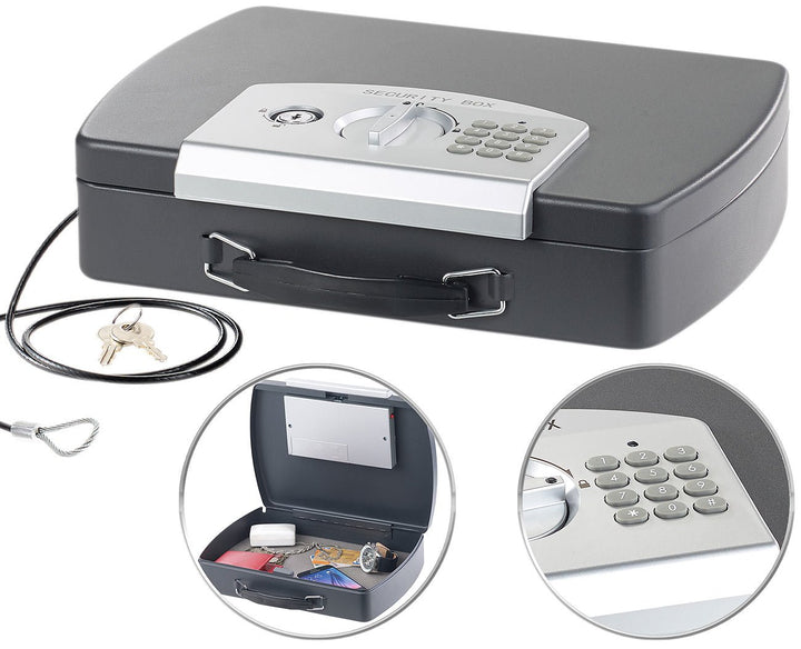 Xcase Geldkassette: Geld- &amp; Dokumentenkassette, Stahl, Elektronik-Schloss, A4, Stahlkabel (Geldkaset