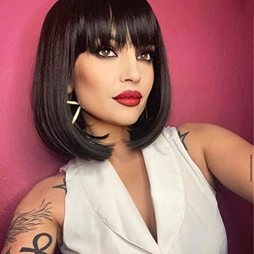 YEESHEDO Damen Dunkelbraun Kurze Bob Gerade Haar Perücken mit Pony Hitzebeständige Synthetische Bunt
