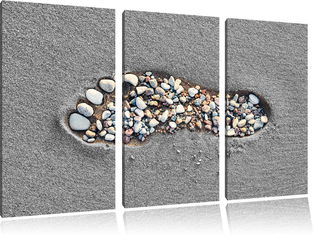 Pixxprint Fussabdruck im Sand Schwarz/Weiss 3-Teiler Leinwandbild 120x80 Bild auf Leinwand