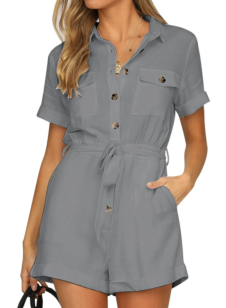 Roskiky Damen Sommer Taschen Gürtel Strampler Knopf Kurzarm Jumpsuit Playsuit XL Grau, XL Grau