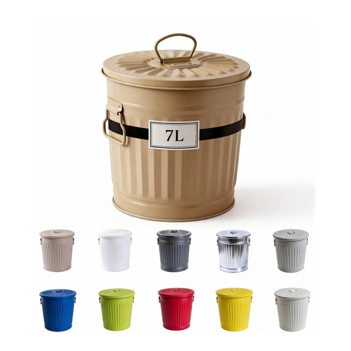 Jinfa Kleiner Metalleimer mit Deckel kleine Oskartonne retro | Beige | Ø 21,5 cm, Höhe 21,5 cm, 7 Li