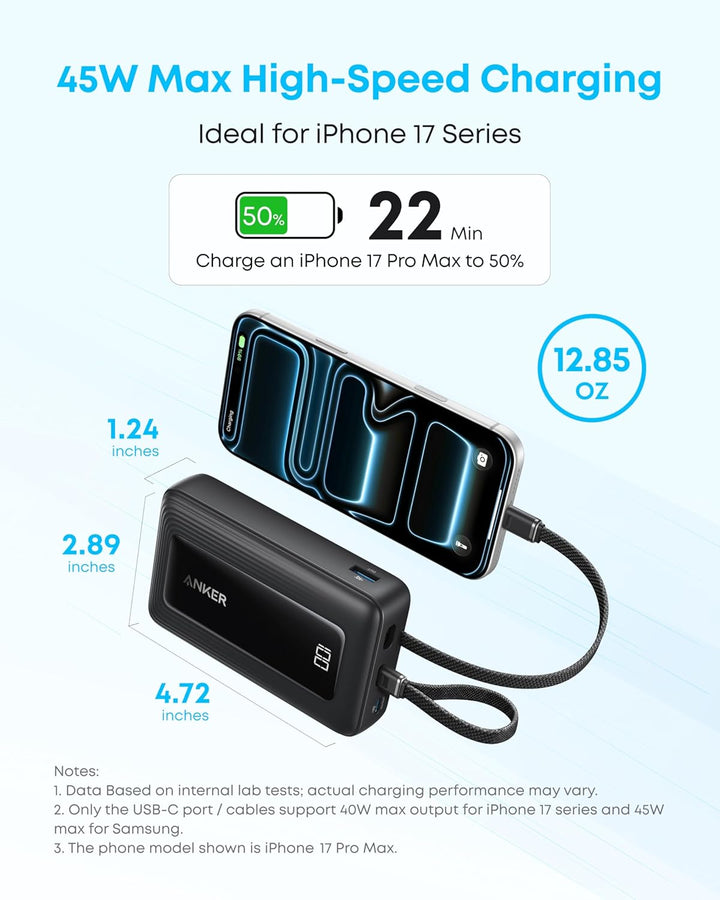 Anker Zolo Powerbank (2025 Upgrade), 45W Schnellladung, 20000mAh Akku-Pack, Zwei integrierte USB-C K
