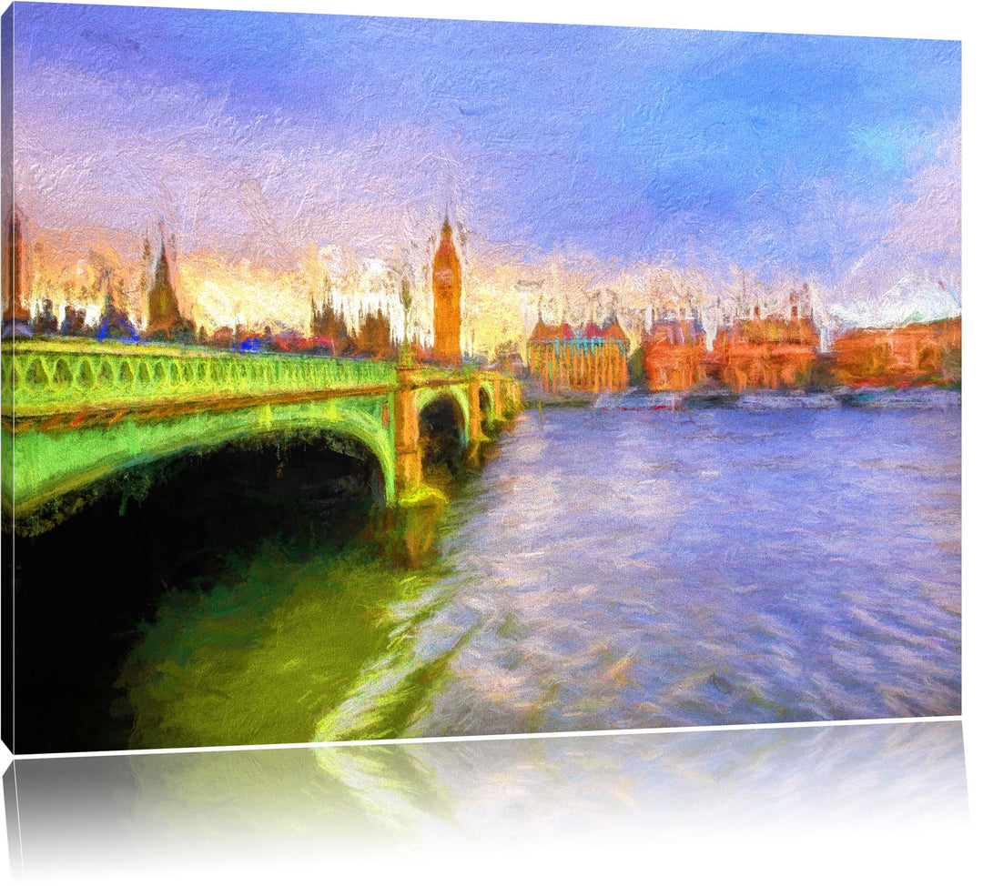 Pixxprint Big Ben mit Brücke in London Bunstift Effekt, Format: 100x70 auf Leinwand, XXL riesige Bil