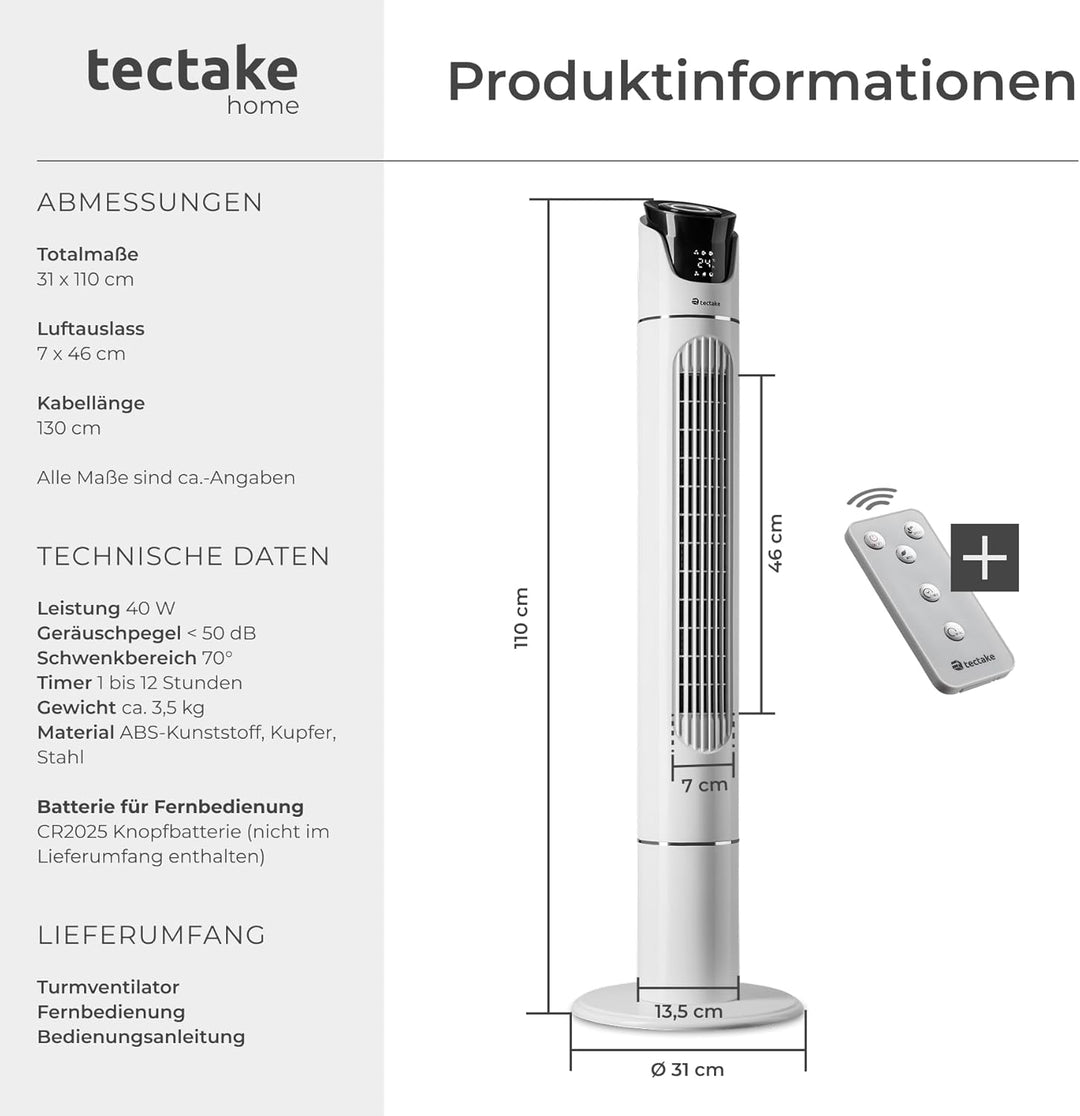 tectake® Ventilator gross mit Fernbedienung, Ventilator oszillierend mit 3 Geschwindigkeitsstufen, T