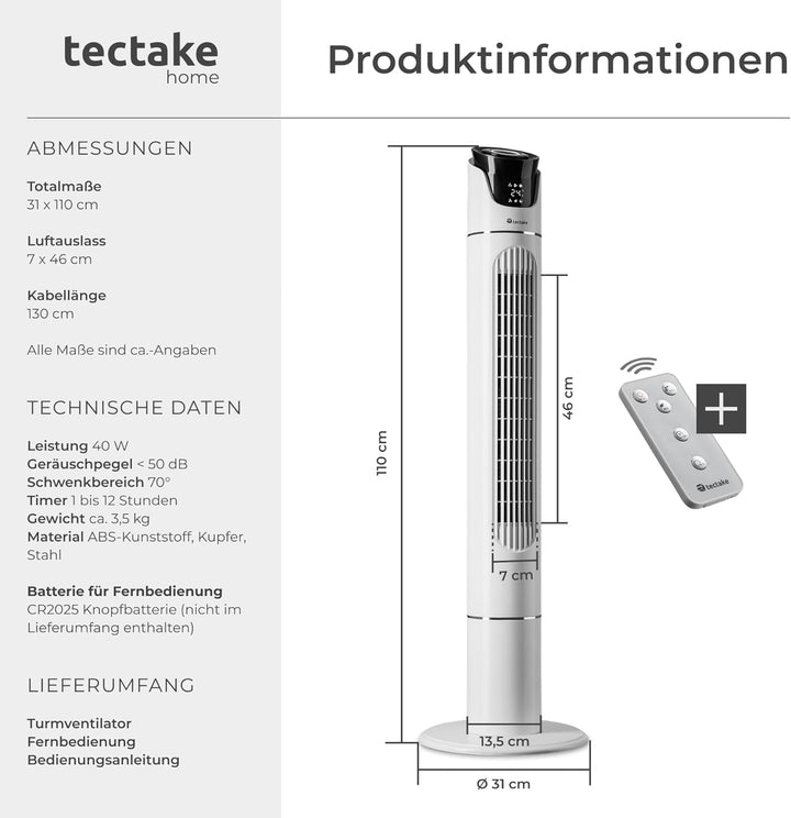 tectake® Ventilator gross mit Fernbedienung, Ventilator oszillierend mit 3 Geschwindigkeitsstufen, T