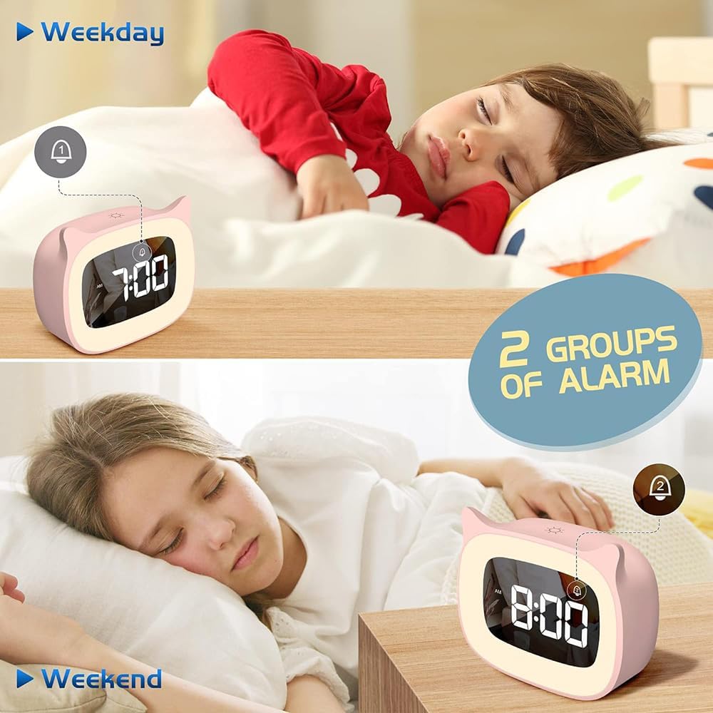 Kinderwecker Digital, Wecker mit Licht, 18 Musik Klingeltöne, 5 Helligkeitsmodi, 12/24 Stunden, USB-