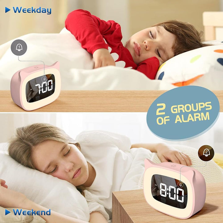 Kinderwecker Digital, Wecker mit Licht, 18 Musik Klingeltöne, 5 Helligkeitsmodi, 12/24 Stunden, USB-