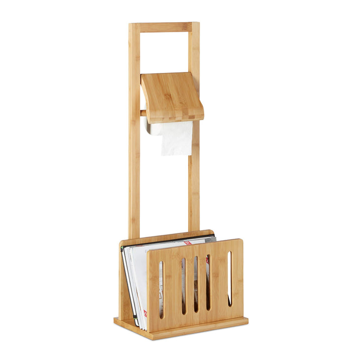 Relaxdays Toilettenpapierhalter mit Zeitungsständer, Bambus, Stand WC Garnitur, Zeitungsablage, HBT