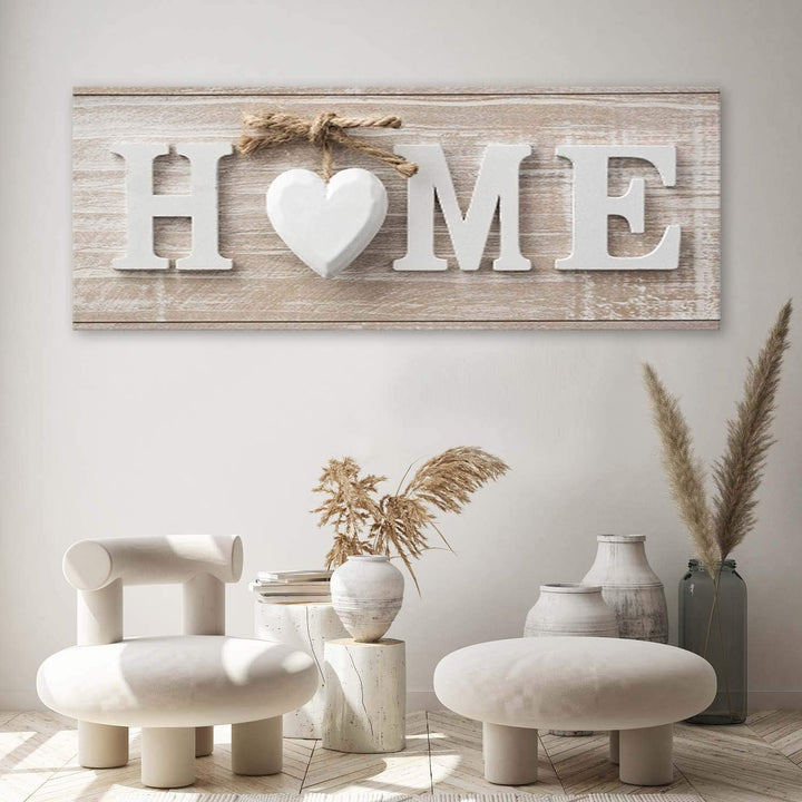 Feeby Bild auf Leinwand Haus 90x30 cm Kunstdruck modern Wohnung Herz Vintage rustikal Beige Leinwand
