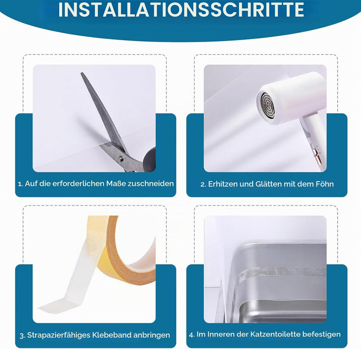 2 Stück Katzentoilette Pee Shields 407x1220 mm mit 1 Rolle Transparentes Klebeband Spritzschutz für