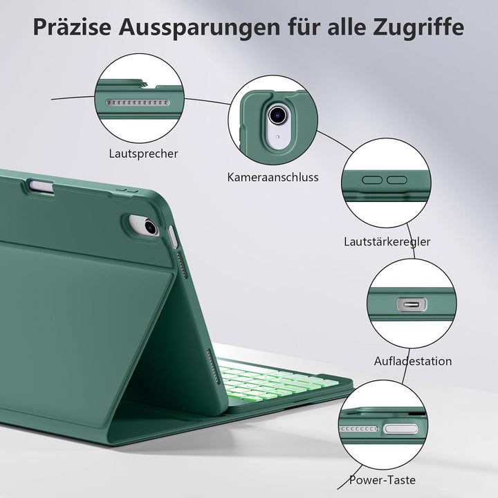 drivego Hülle mit Tastatur für iPad 10 Generation 10.9 Zoll 2022, 7-Farbige Beleuchtete, Magnetische