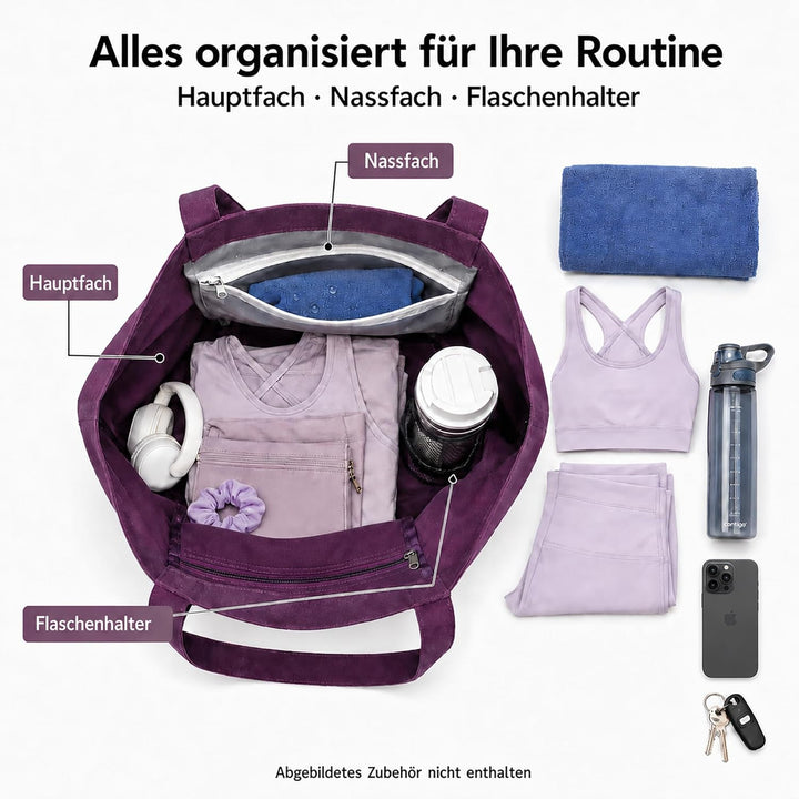 Yogatasche Damen mit Nassfach, Flaschenhalter und Durchgehendem Reissverschluss,Matte Einfach Heraus