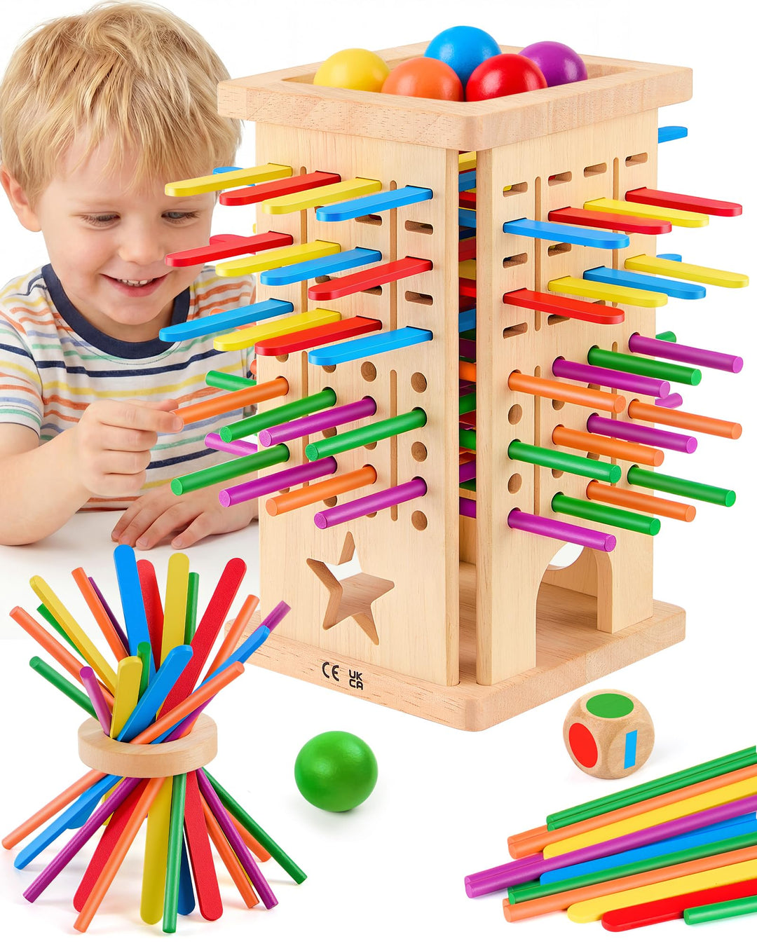 Montessori Spielzeug Holz Brettspiel ab 3 Jahren – Kinderspiele mit Bunte Stäbchen & Ball – Lernspie