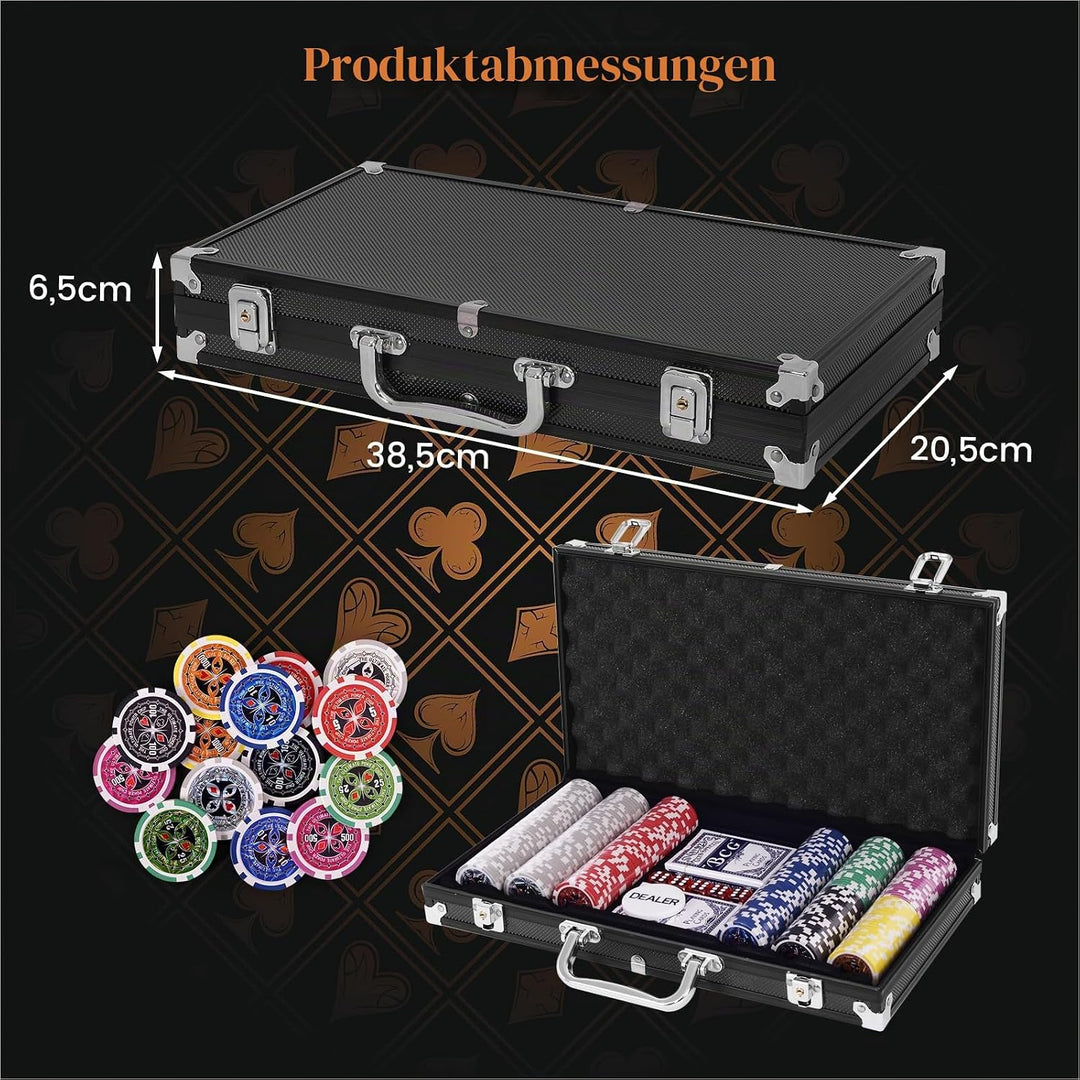 HOMASIS Pokerset mit 300 Chips, Alu Pokerkoffer mit 2 Kartendecks, 5 Würfeln, 1 Dealer Button, Poker