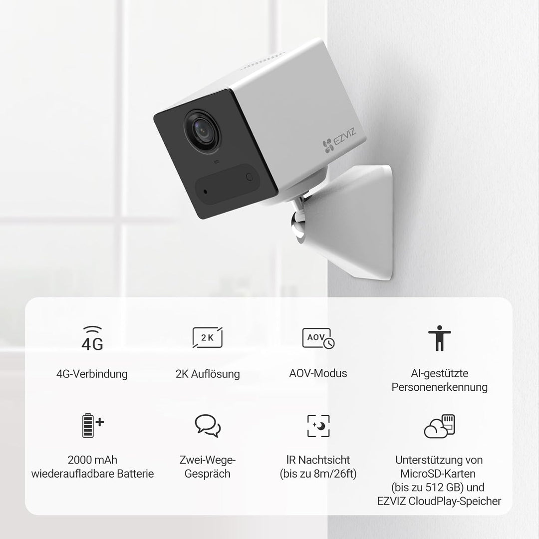 EZVIZ 3G/4G LTE Überwachungskamera mit Akku, 2K Kamera Indoor mit AOV-Modus, KI Personenerkennung, 2