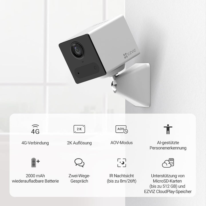 EZVIZ 3G/4G LTE Überwachungskamera mit Akku, 2K Kamera Indoor mit AOV-Modus, KI Personenerkennung, 2