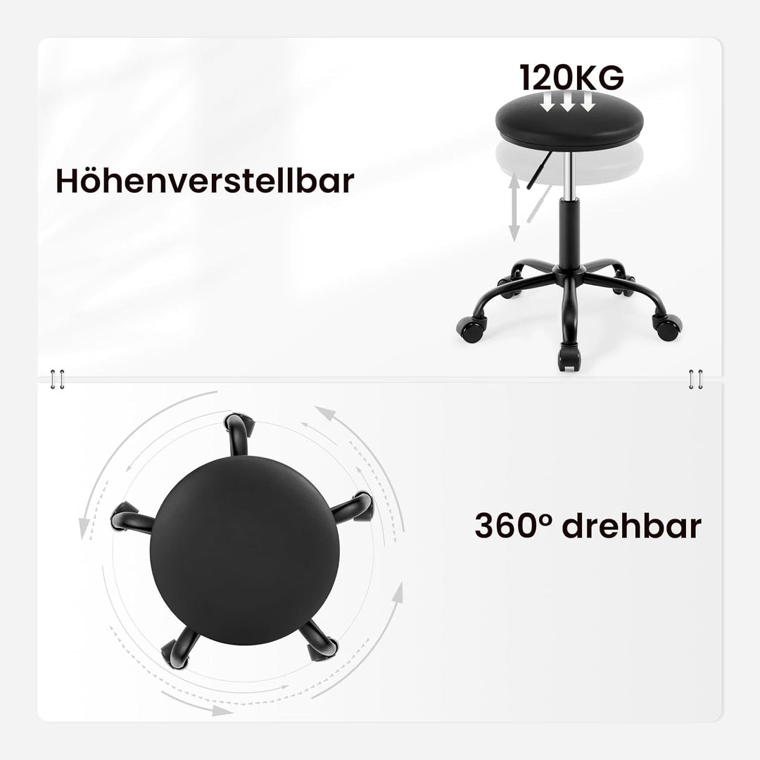 EUGAD Rollhocker höhenverstellbar, Drehhocker mit Rollen, runder Hocker 360° drehbar, Bürohocker für