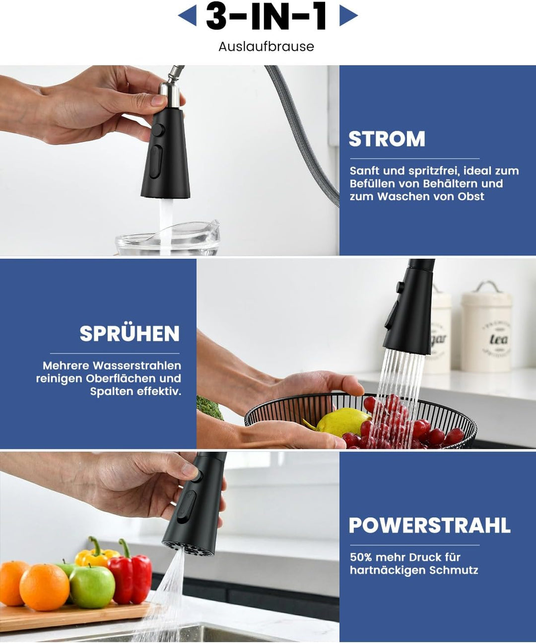 DAYONE Niederdruck Armatur Küche Schwarz, Küchenarmatur Ausziehbar mit 3 Strahlarten, Edelstahl Misc