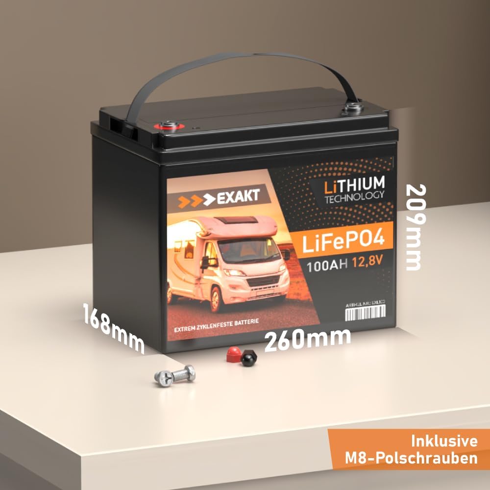 EXAKT LiFePO4 100Ah 12V inkl. BMS Lithium Batterie Solarbatterie Akku Wohnmobil Solar Bootsbatterie