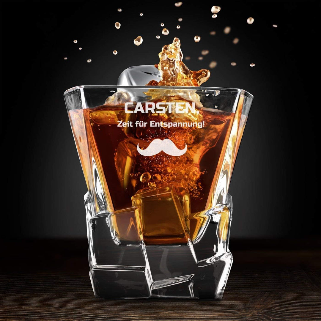 Maverton Whisky Steine Set - in Holzbox mit Gravur - 8 Eiswürfel & 2 Whisky Gläser, Zange, Samtbeute