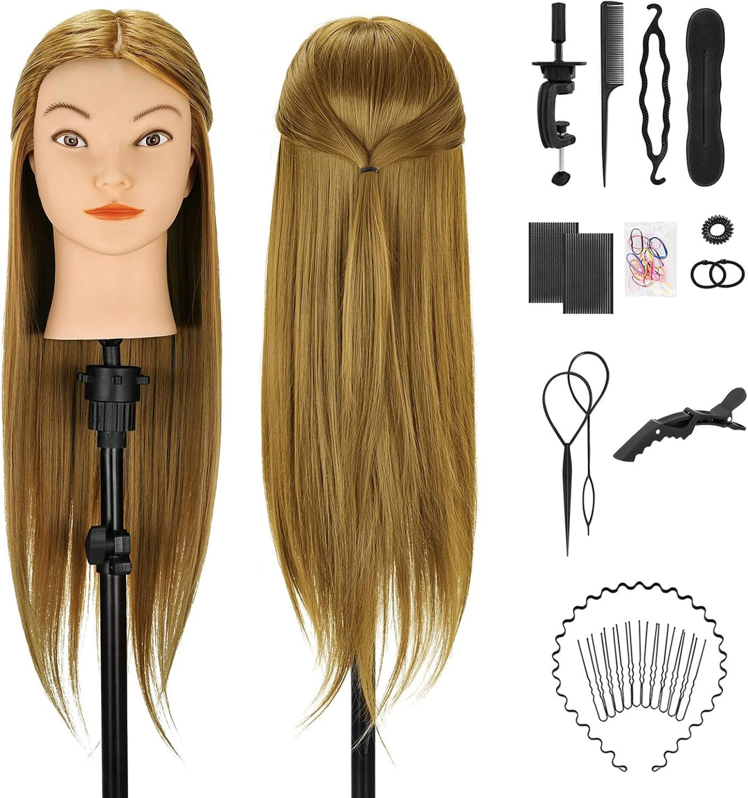 TwoWin Übungspuppe mit braunem Kopf, Echthaar, zum Flechten von Make-up, inklusive Klemmhalter, Brau