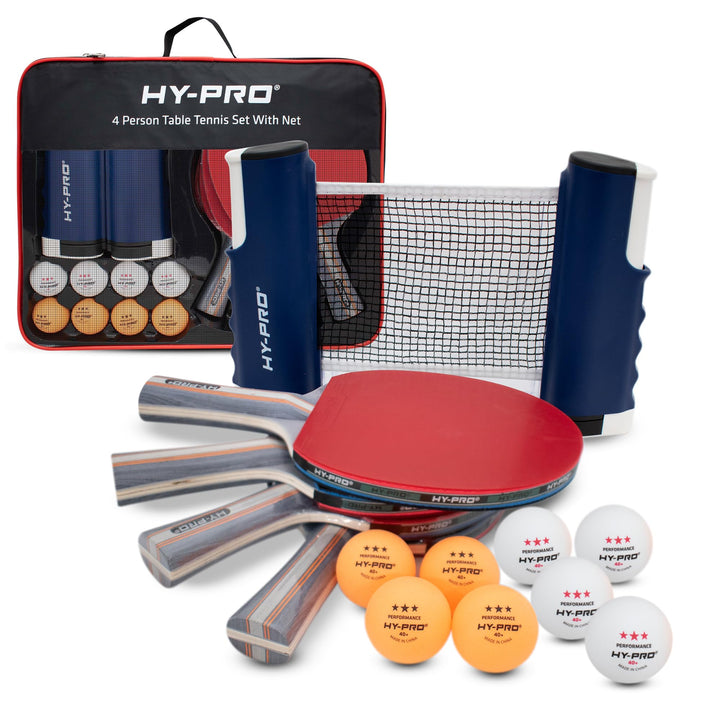 Hy-Pro Tragbares Tischtennis-Set – Mit ausziehbarem Netz bis zu 170 cm, 4 Schläger, 8 Bälle, Trageta