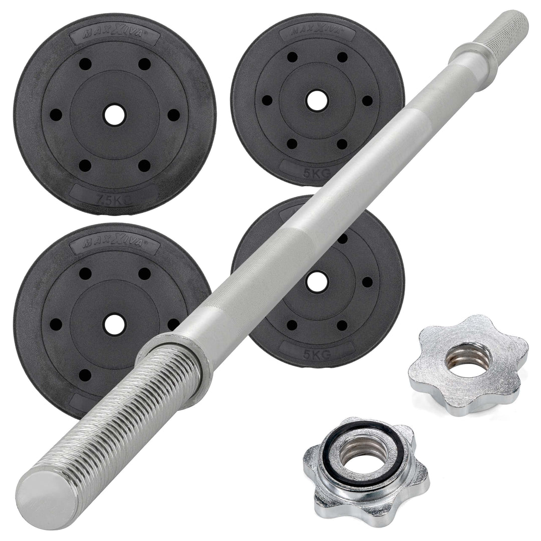 MAXXIVA® Langhantel-Set Zement 30 kg 4 Gewichtsscheiben Sternverschluss Hantelset für Kraftsport Mus