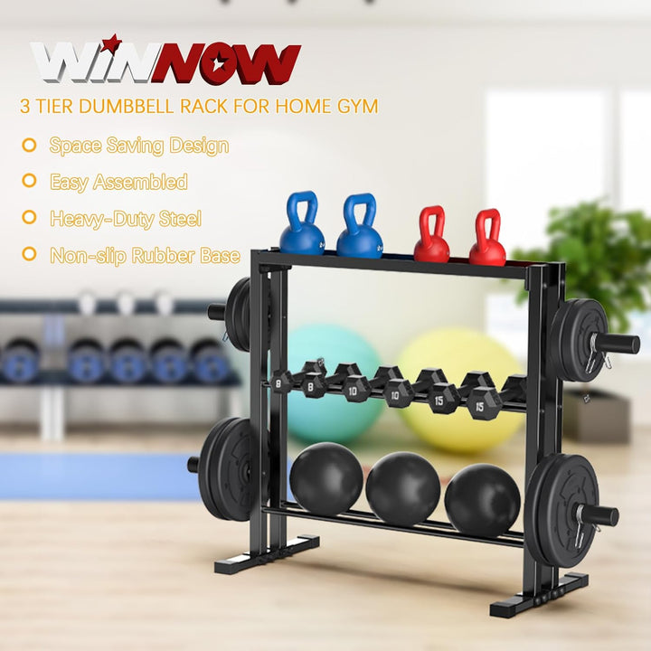 WINNOW Hantelständer, 3-Tier Gewichte Aufbewahrungsständer für Hanteln, Hantelplatten und Kettlebell