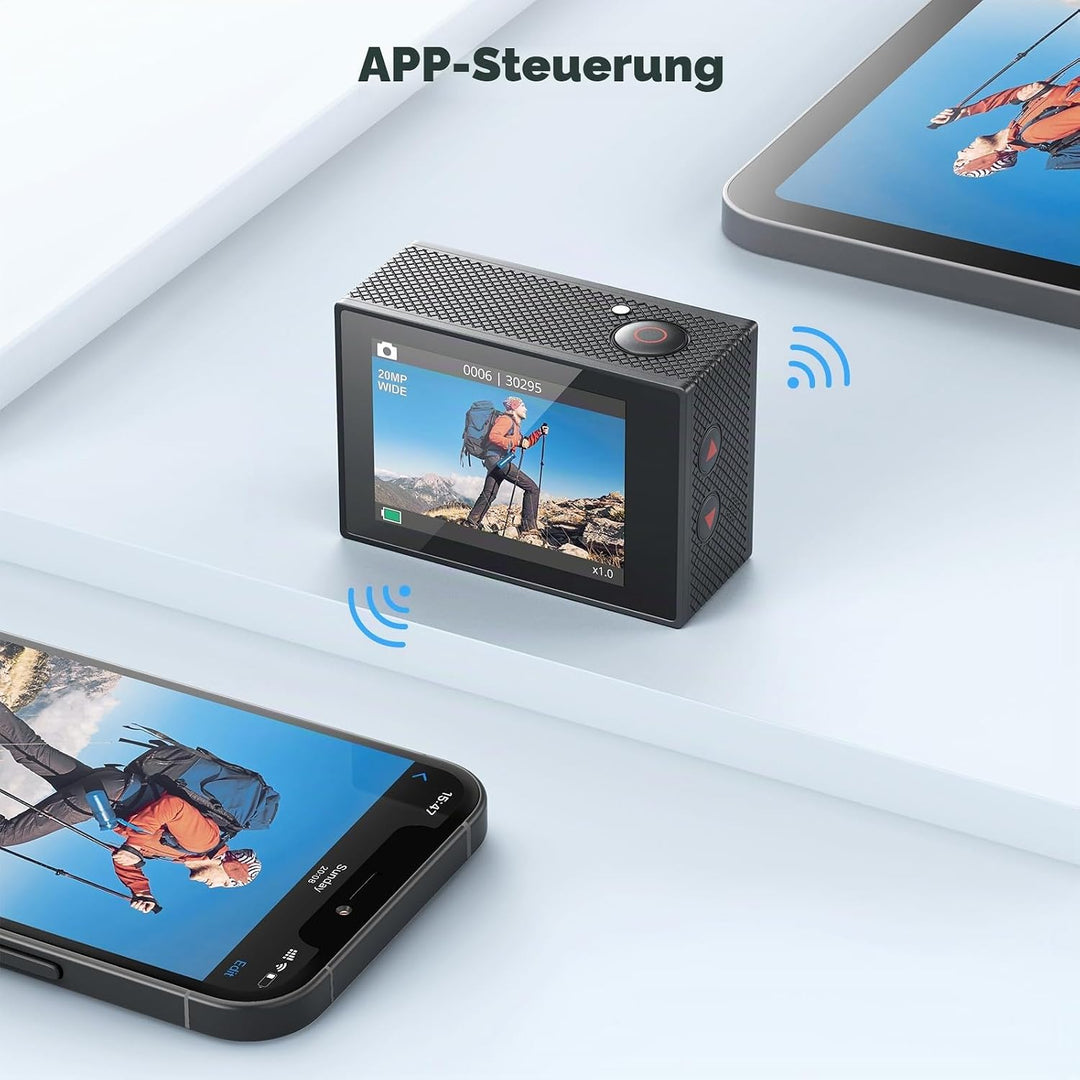 AKASO Action Cam mit 60cm Stativ Selfie Stick und Tasche, 4K30FPS 20MP WiFi Unterwasserkamera EIS St