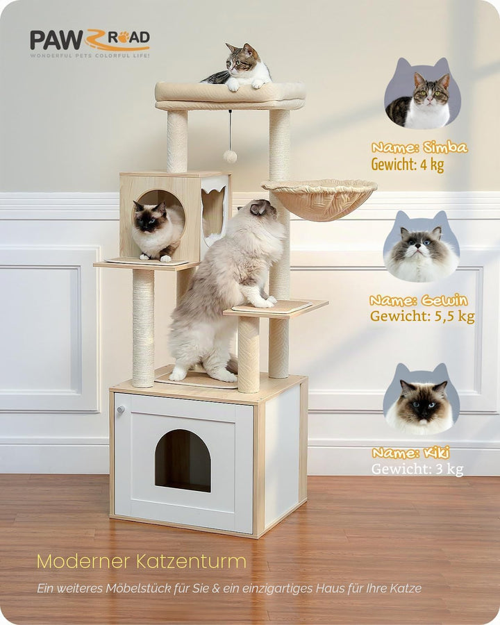 PAWZ Road Moderner Katzenbaum Holz Katzenturm mit Aufbewahrungsschrank Katzentoilette Gehege und ger