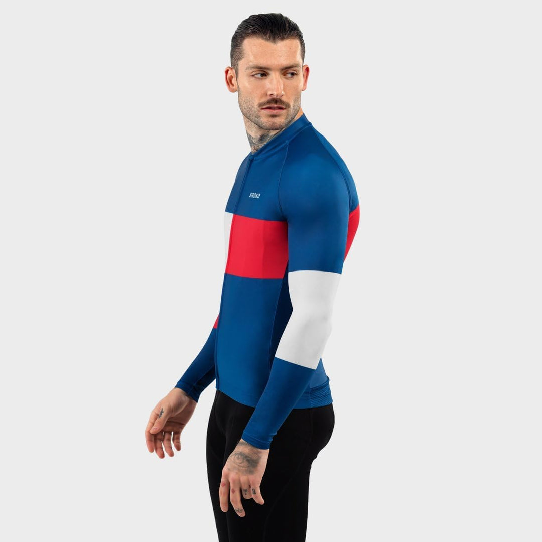 SIROKO M2 Radtrikot Herren Langarm Slim Fit Aerodynamische Fahrradbekleidung M Blau/Rot, M Blau/Rot