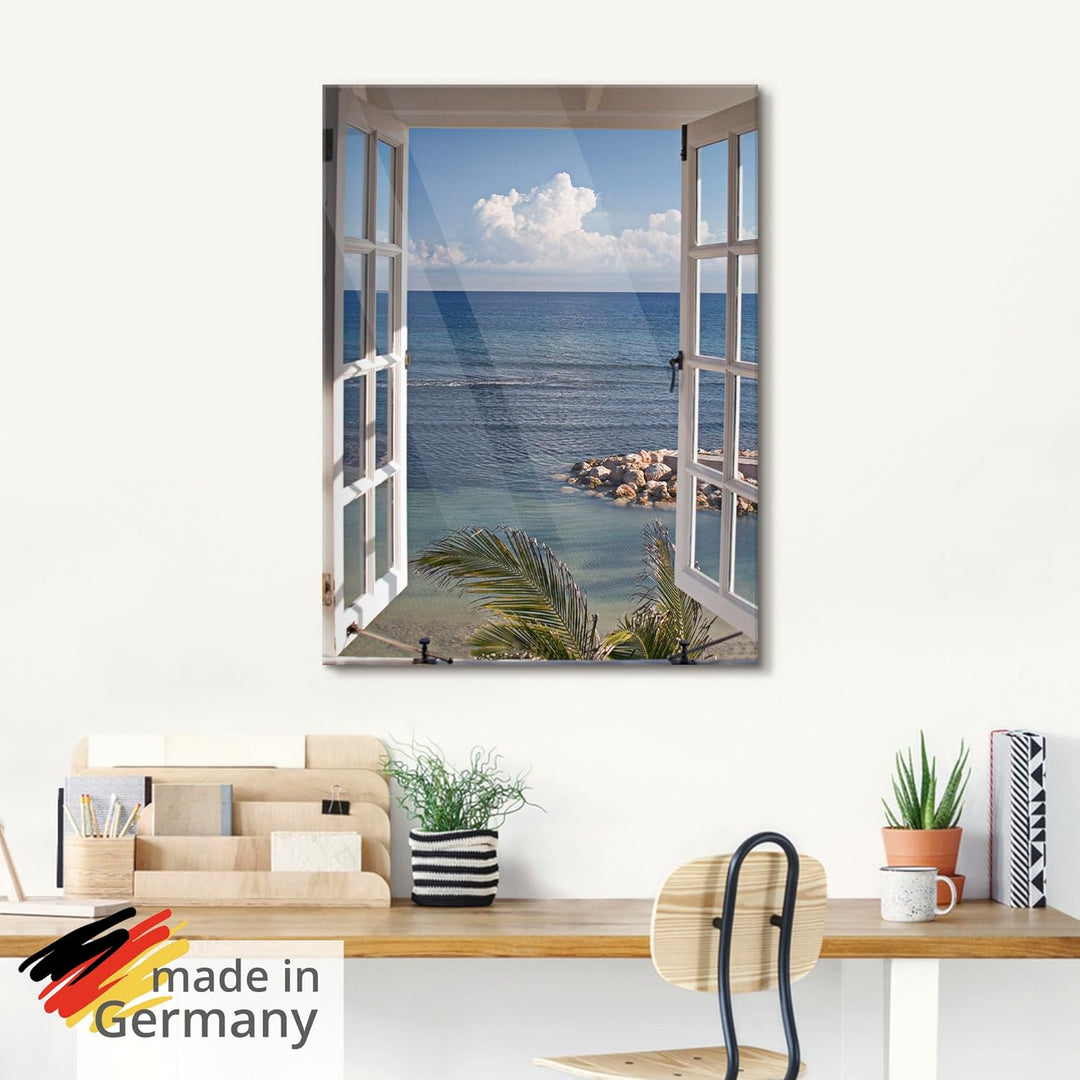 ARTland Glasbilder Wandbild Glas Bild einteilig 60x80 cm Hochformat Strand Meer Küste Palmen Ausblic
