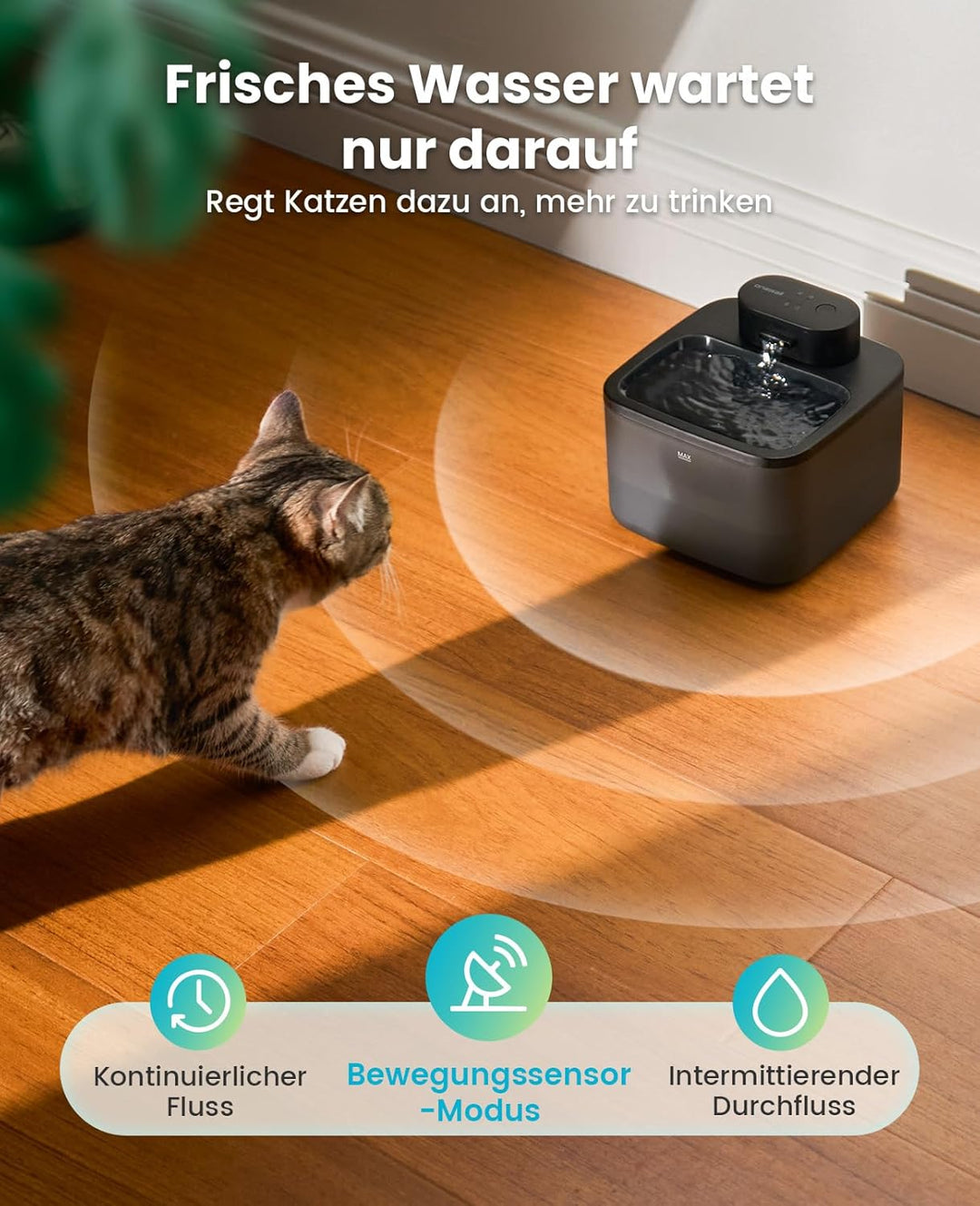 oneisall katzenbrunnen kabellos, 2.2 L trinkbrunnen für Katze kabellos mit bewegungsmelder, 20 dB ul