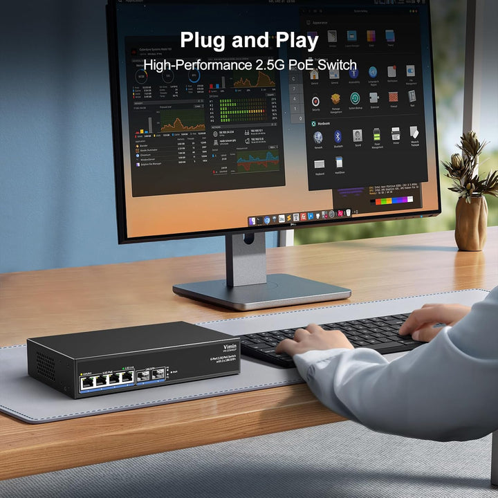 6-Port 2,5G PoE-Switch Unmanaged, 4X 2,5G Base-T PoE-Port+2X 10Gbps SFP+, 4-Port PoE Switch mit 60Gb
