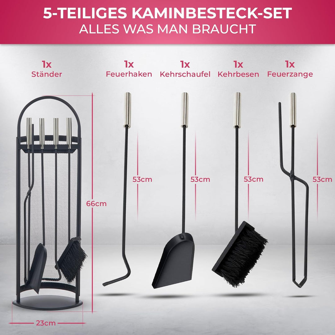 SULENO Kaminbesteck BELFAST 5-teilig Kamingarnitur mit Ascheschaufel Besen Schürhaken, Kaminset & Ha
