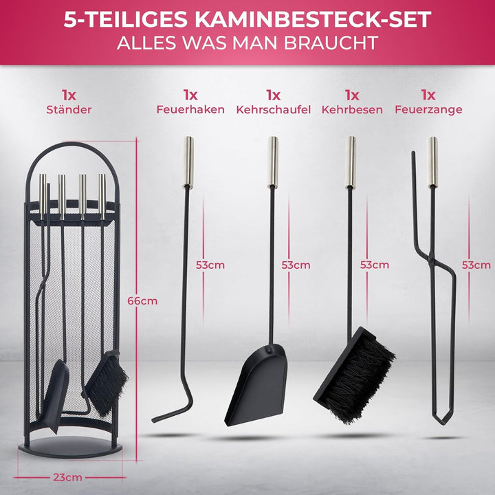 SULENO Kaminbesteck BELFAST 5-teilig Kamingarnitur mit Ascheschaufel Besen Schürhaken, Kaminset & Ha