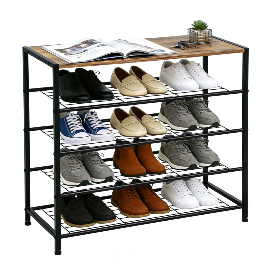 Schuhregal, Schuhregal 5 Ebenen mit Sitzgelegenheit, Metall-Schuhablage für Kleiderschrank, Flur, Ei