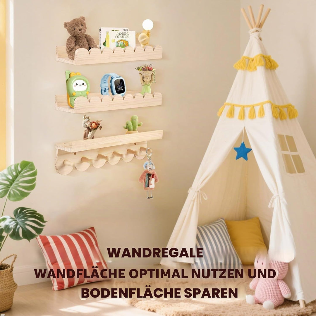 3er Set Bücherregal Kinder Wand, Wandregal Kinderzimmer 40cm, Holz Wandregal Bücher Schweberegale mi
