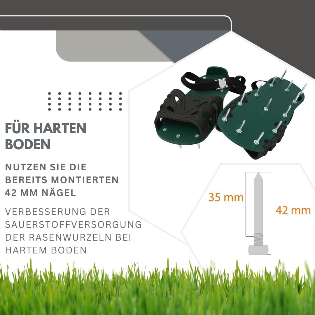 Pangolino Nagelschuhe fertig montiert – 42 mm Nägel + 60 mm Nägel - Verwendbar als Rasenbelüfter ode