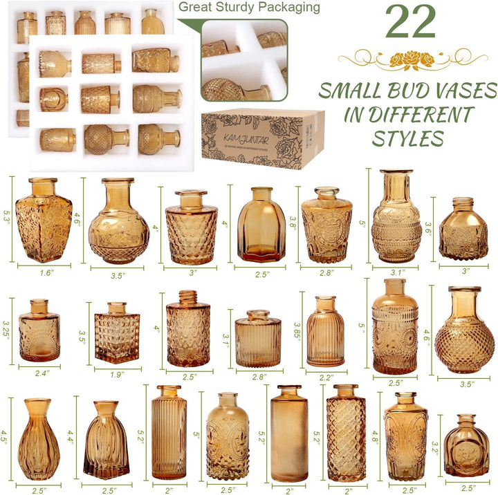 Bernsteinglas Knospen Vase 22 Stück, kleine Vasen für Blumen, klare Glasvasen für Tafelaufsätze, Taf