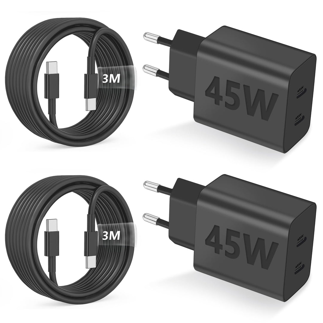2Pack 45W Dual Port USB C Ladegerät, iPhone 17/16/15 Ladegerät mit 3M langem USB C Ladekabel, PD Sch