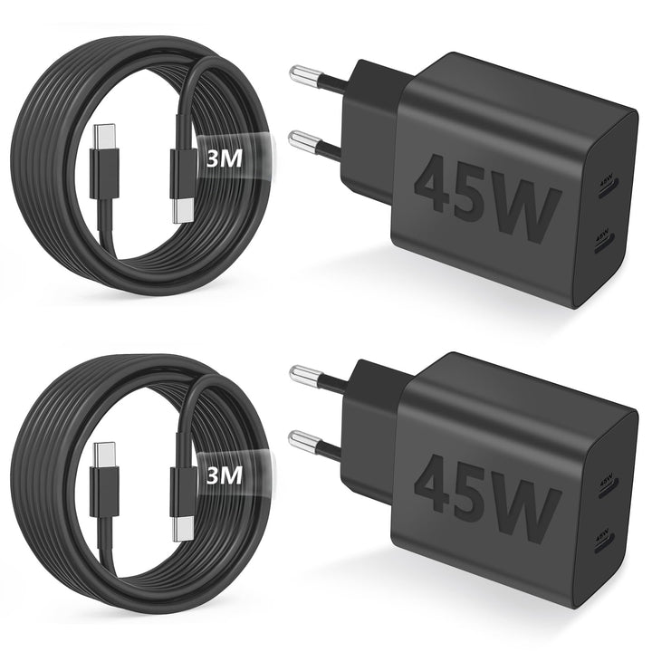 2Pack 45W Dual Port USB C Ladegerät, iPhone 17/16/15 Ladegerät mit 3M langem USB C Ladekabel, PD Sch