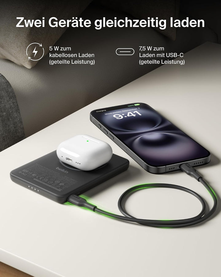 Belkin BoostCharge 5000mAh Magnetische Power Bank, USB-C-Port – Schwarz | 5K Powerbank Kabellos, Mag