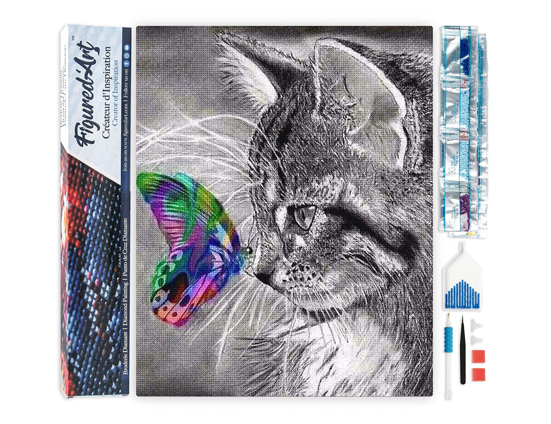 Figured'Art Diamond Painting Erwachsene 40x50cm Ganze Leinwand gerollt Katze und bunter Schmetterlin