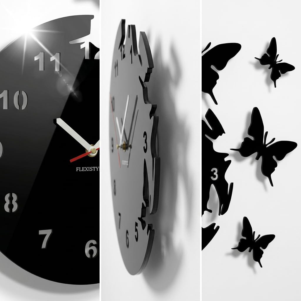 Grosse moderne Wanduhr Schmetterling Schwarz rund 30cm, 3d DIY, Wohnzimmer, Schlafzimmer, Kinderzimm
