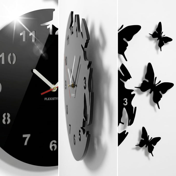 Grosse moderne Wanduhr Schmetterling Schwarz rund 30cm, 3d DIY, Wohnzimmer, Schlafzimmer, Kinderzimm