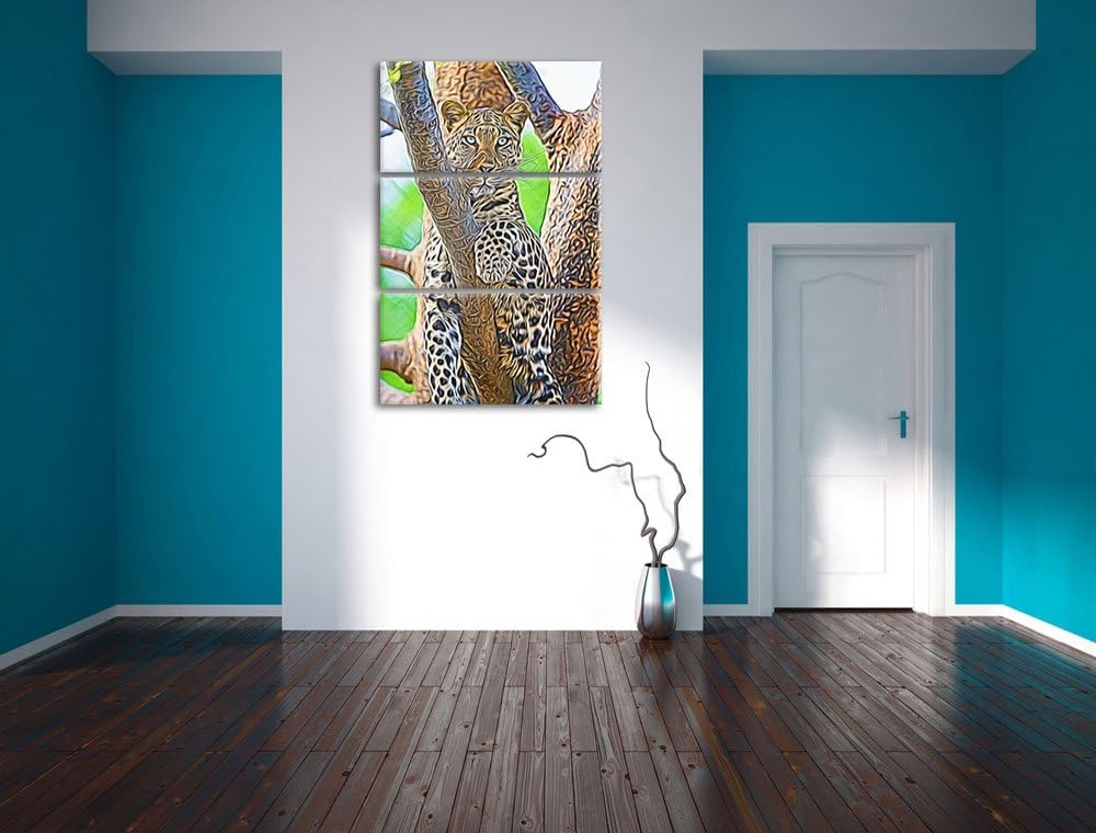 maiestätischer Leopard auf Baum Spezial 3-Teiler Leinwandbild 120x80 Bild auf Leinwand, XXL riesige